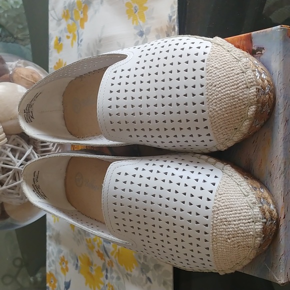 Never Worn - Genuine Leather, White, Tan, Silver Espadrille low wedges
